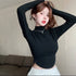 Women Solid Color High Neck Long Sleeves FittedTops